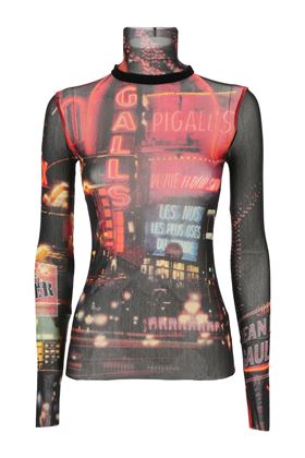 Long-sleeved top in red and black tulle with pigalle print. JEAN PAUL GAULTIER | 24/30-F-TO206T55200301550